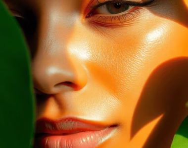 Close-up of glowing skin illuminated by sunlight, framed by soft green leaves symbolizing nature and protection.