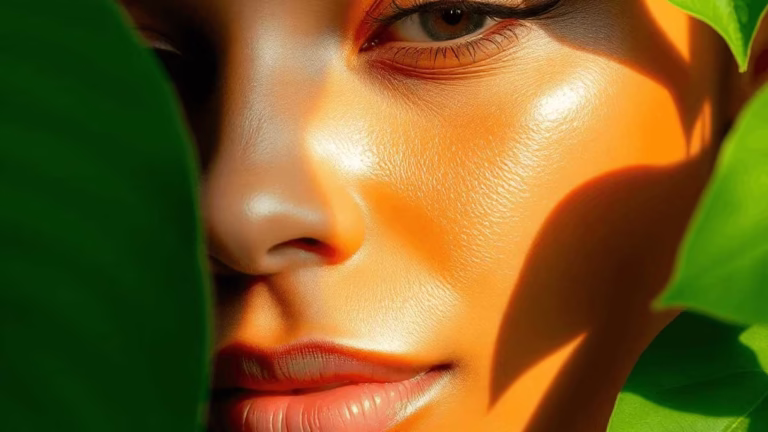 Close-up of glowing skin illuminated by sunlight, framed by soft green leaves symbolizing nature and protection.