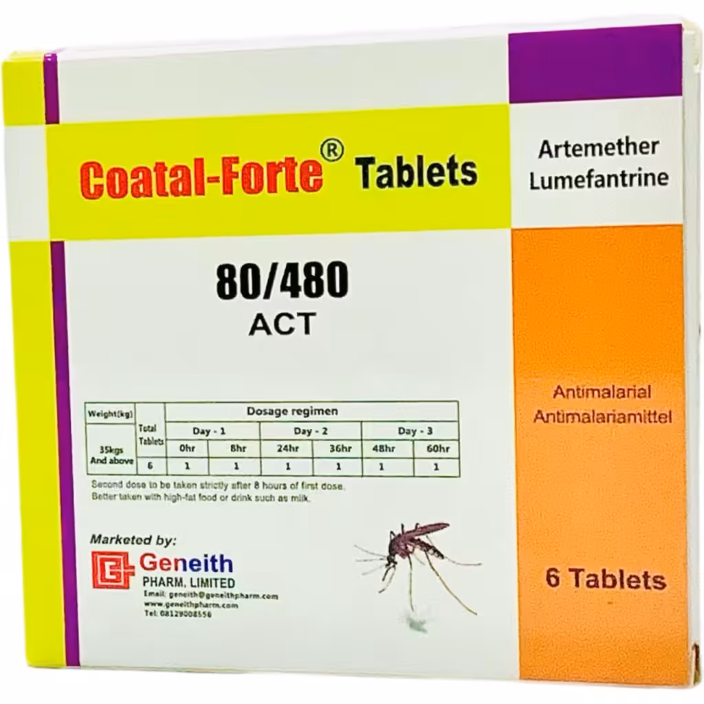 COATAL FORTE 80by480 COATAL FORTE 80/480 (ARTEMETHER/LUMEFANTRINE) 6TABS X TWO PACKETS