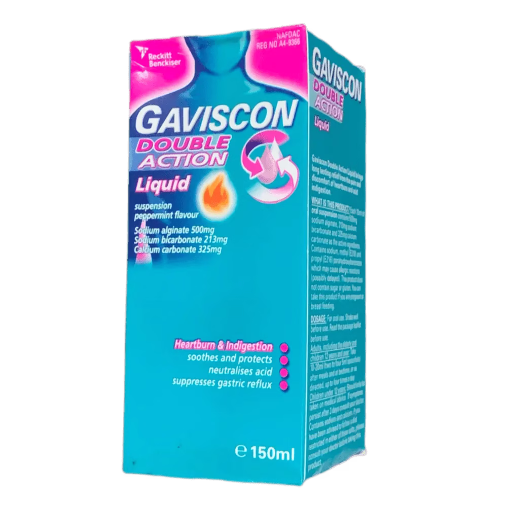 GAVISCON DOUBLE ACTION 150ML (SODIUM ALGINATE+SODIUM BICARBONATE+CALCIUM CARBONATE) X BOTTLE 1