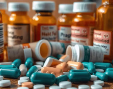 Close-up of prescription pill bottles and scattered pills on a wooden table in a medical consultation setting, symbolizing drug interactions and health effects.