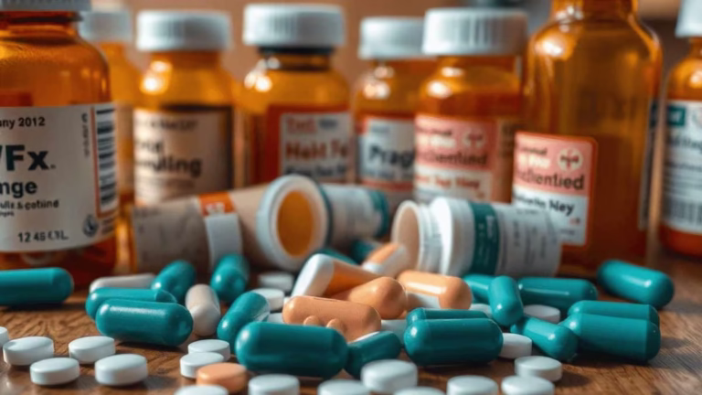 Close-up of prescription pill bottles and scattered pills on a wooden table in a medical consultation setting, symbolizing drug interactions and health effects.